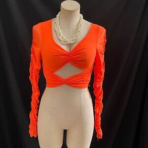 Vibrant Neon Orange Mesh Cutout Crop Top - Bold & Eye-Catching!